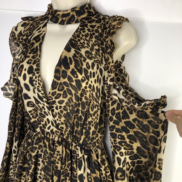 Oh Polly Open Shoulder Leopard Animal Print Mini Dress Size 2 Balloon Sleeves - Picture 5 of 6